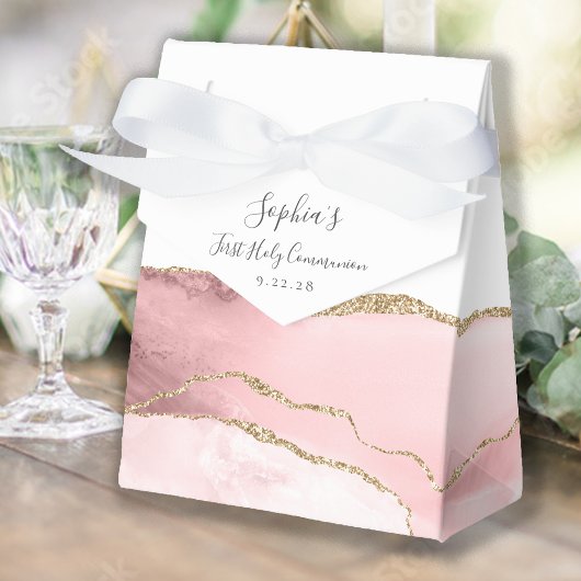 Blush Pink Gold Agate Script Erste Kommune Geschenkschachtel