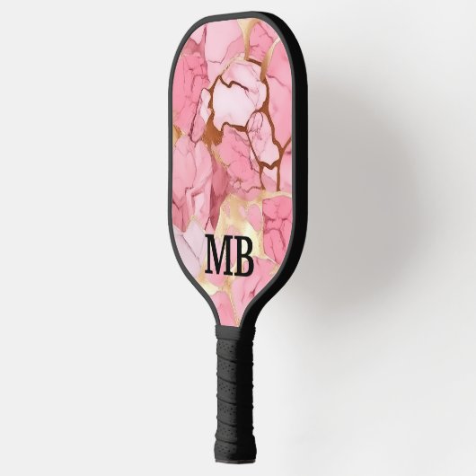 Blush Pink Gold Alkohol Tinte Marmormonogramm Pickleball Schläger (Links)