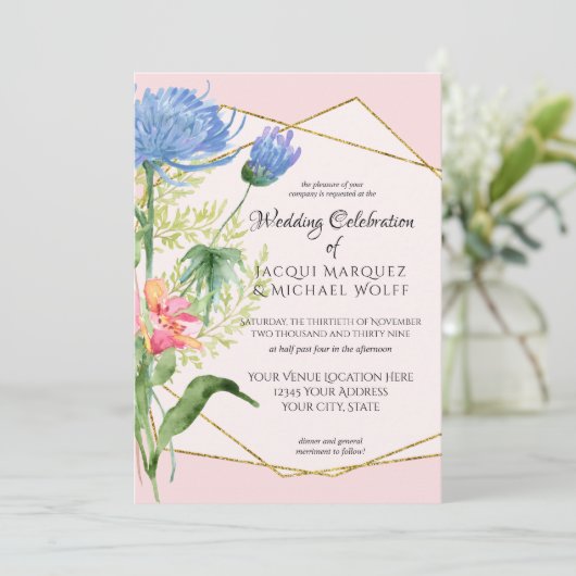 Blush Pink Gold Aquarell Moderne Blumenhochzeit Einladung (Stehend Vorderseite)