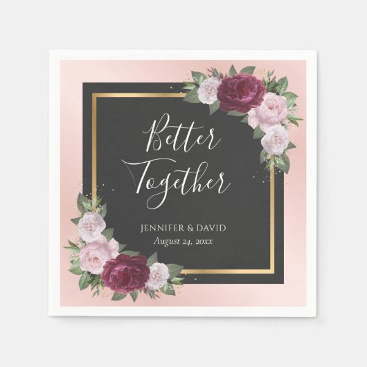 Blush Pink Gold Black Burgundy Bloral Wedding Serviette (Vorderseite)