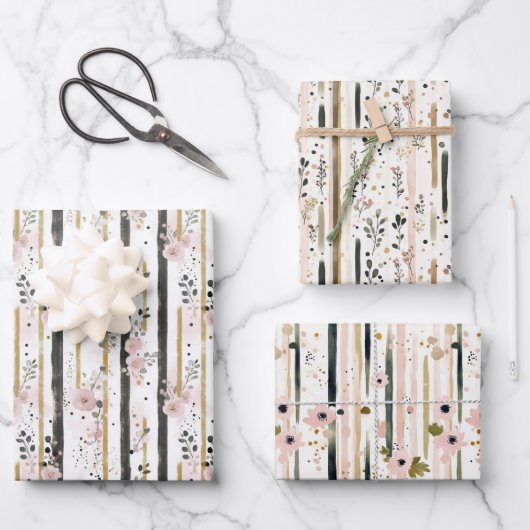 Blush Pink Gold Black Florals Streifen Ihr Geburts Geschenkpapier Set (Vorderseite)