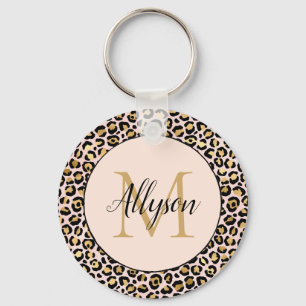 Blush Pink Gold Black Leopard Print Monogram Schlüsselanhänger