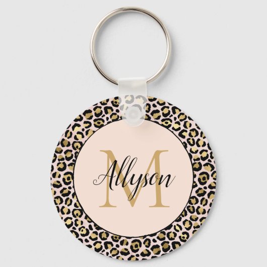 Blush Pink Gold Black Leopard Print Monogram Schlüsselanhänger (Vorderseite)