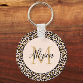 Blush Pink Gold Black Leopard Print Monogram Schlüsselanhänger (Vorderseite)