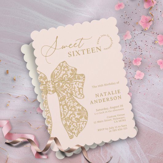 Blush Pink & Gold Bläserne Lace Bow 16 . Geburtsta Einladung
