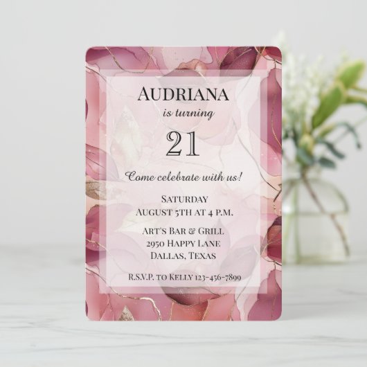 Blush Pink Gold Blätter Geburtstag Einladung (Stehend Vorderseite)