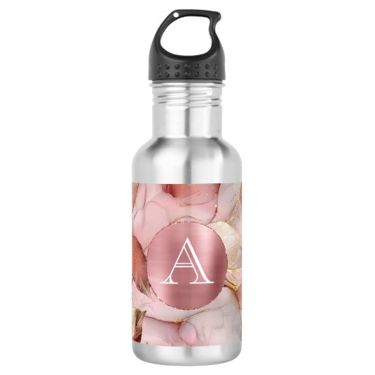 Blush Pink Gold Blätter Monogram Edelstahlflasche (Vorderseite)