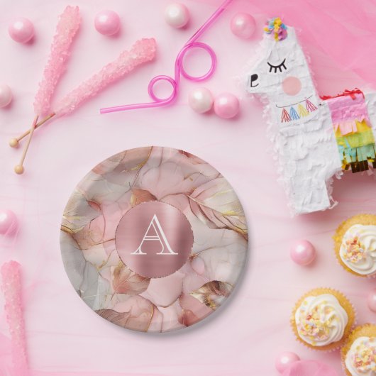 Blush Pink Gold Blätter Monogram Pappteller (Party)