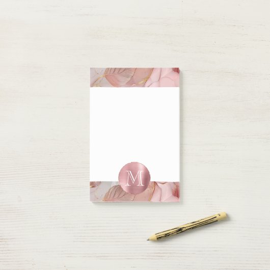 Blush Pink Gold Blätter Monogram Post-it Klebezettel (Auf Schreibtisch)