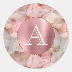 Blush Pink Gold Blätter Monogram Runder Aufkleber