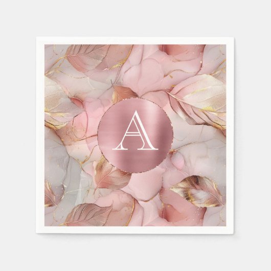 Blush Pink Gold Blätter Monogram Serviette (Vorderseite)