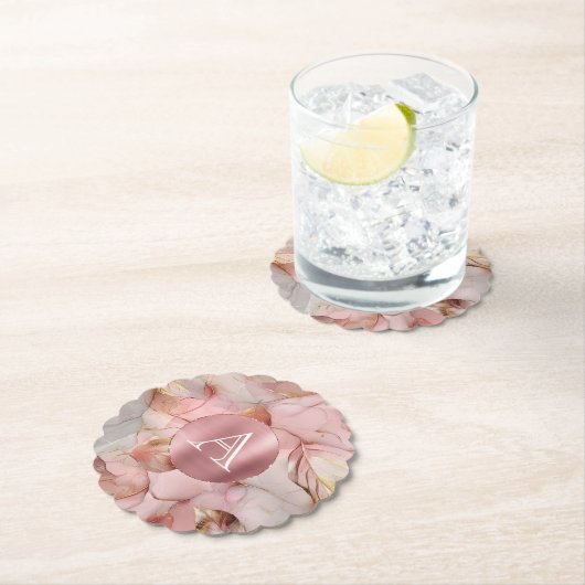 Blush Pink Gold Blätter Monogram Untersetzer (Vor Ort)