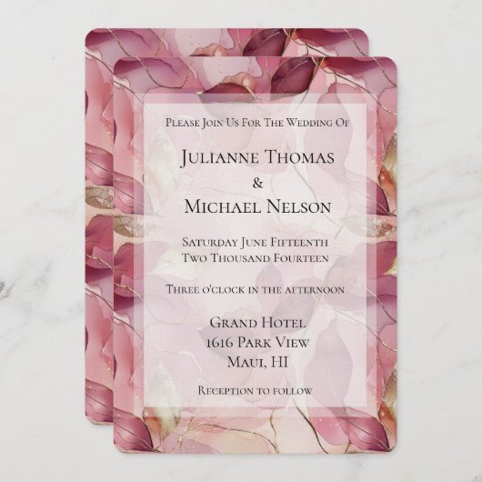 Blush Pink Gold Blätter Romantische Hochzeit Einladung (Vorne/Hinten)