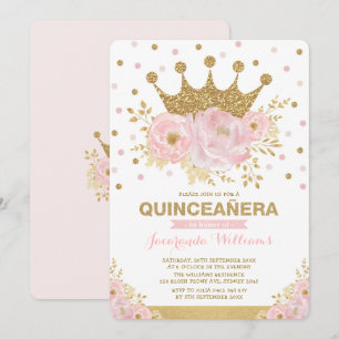 Blush Pink Gold Bloral Crocess Prinzessin Quinceañ Einladung