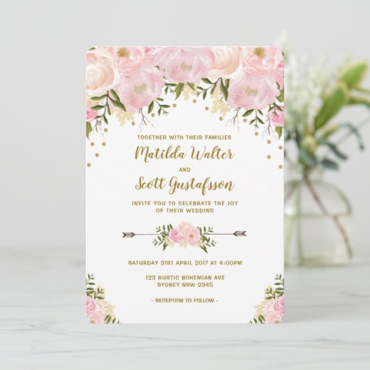 Blush Pink & Gold Bloral Hochzeitsempfang Einladung (Stehend Vorderseite)