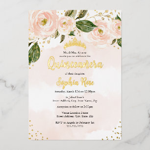 Blush Pink Gold Blume Tiara Quinceanera Folieneinladung