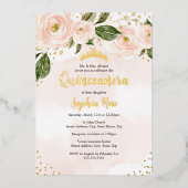 Blush Pink Gold Blume Tiara Quinceanera Folieneinladung (Vorderseite)