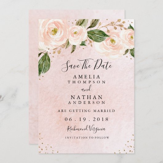 Blush Pink Gold Blumenzehen speichern das Datum Einladung (Vorne/Hinten)