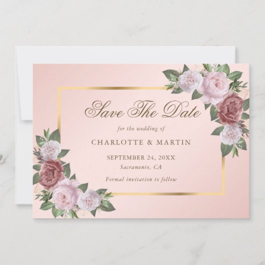 Blush Pink Gold Blumenzehen speichern die Datumska Save The Date (Vorderseite)