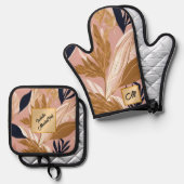 Blush Pink Gold Boho Blätter Moderne Sammlung Ofenhandschuh & Topflappen-Set (Vorderseite/Rückseite)