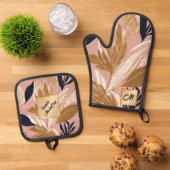 Blush Pink Gold Boho Blätter Moderne Sammlung Ofenhandschuh & Topflappen-Set (Oben Unten)