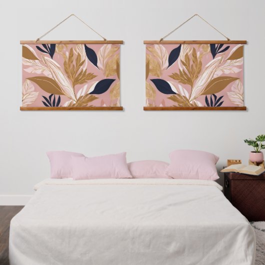 Blush Pink Gold Boho Blätter Moderne Sammlung Wandteppich Mit Holzrahmen (Schlafzimmer)