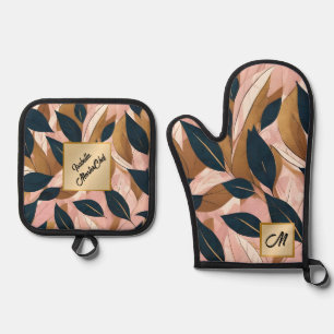 Blush Pink Gold Boho Blätter Trendy Collection Ofenhandschuh & Topflappen-Set