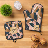 Blush Pink Gold Boho Blätter Trendy Collection Ofenhandschuh & Topflappen-Set (Oben Unten)