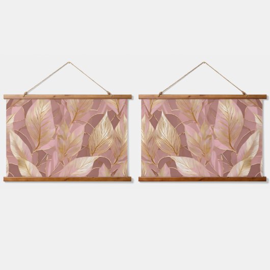 Blush Pink Gold Boho Moderne Blätter Sammlung Wandteppich Mit Holzrahmen (Doppelt)