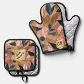 Blush Pink Gold Boho Popular Blätter Collection Ofenhandschuh & Topflappen-Set (Vorderseite/Rückseite)
