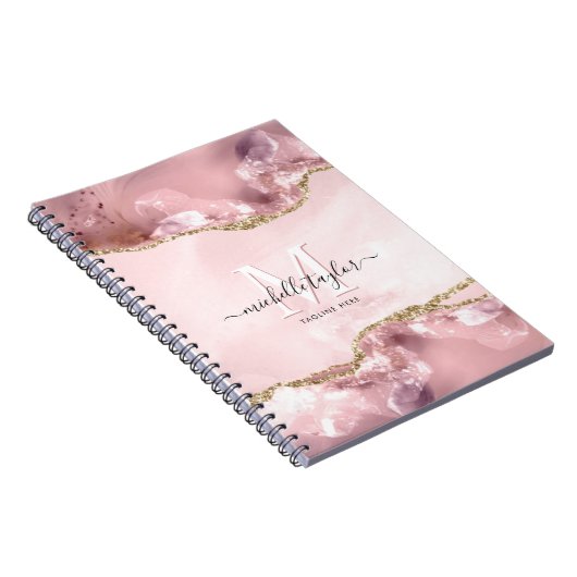 Blush Pink Gold Chic Glitzer Gold Agate Monogram Notizblock (Rechte Seite)