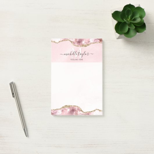 Blush Pink Gold Chic Glitzer Gold Agate Monogram Post-it Klebezettel (Büro)