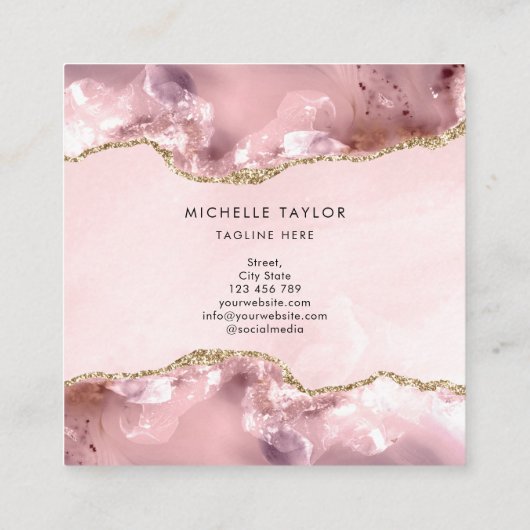 Blush Pink Gold Chic Glitzer Gold Agate Monogram Quadratische Visitenkarte (Rückseite)