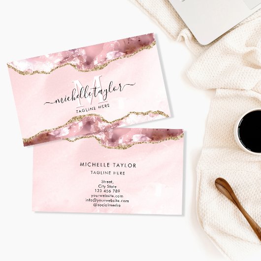 Blush Pink Gold Chic Glitzer Gold Agate Monogram Visitenkarte