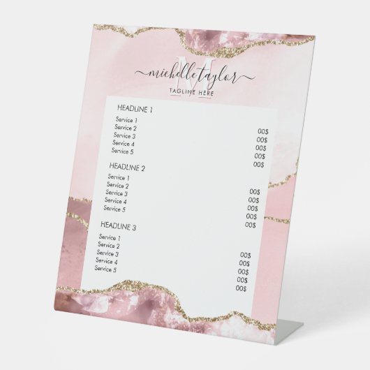 Blush Pink Gold Chic Preisliste Service Monogram Sockelschild (Vorderseite)