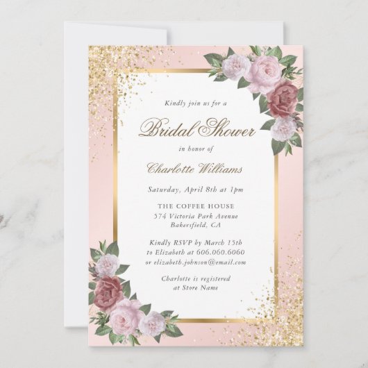Blush Pink Gold Confetti Brautparty Einladung (Vorderseite)
