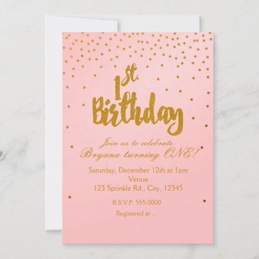 Blush Pink & Gold Confetti Einladung zum 1. Geburt (Vorderseite)