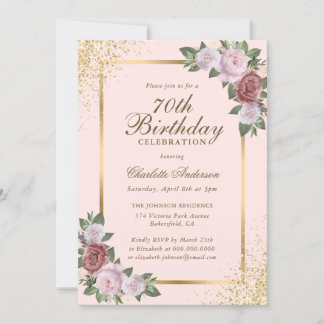 Blush Pink Gold Confetti Floral 70. Geburtstag Einladung