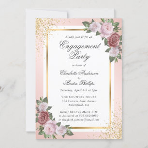 Blush Pink Gold Confetti Floral Engagement Party Einladung