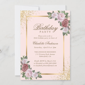 Blush Pink Gold Confetti Floral Geburtstagsparty Einladung