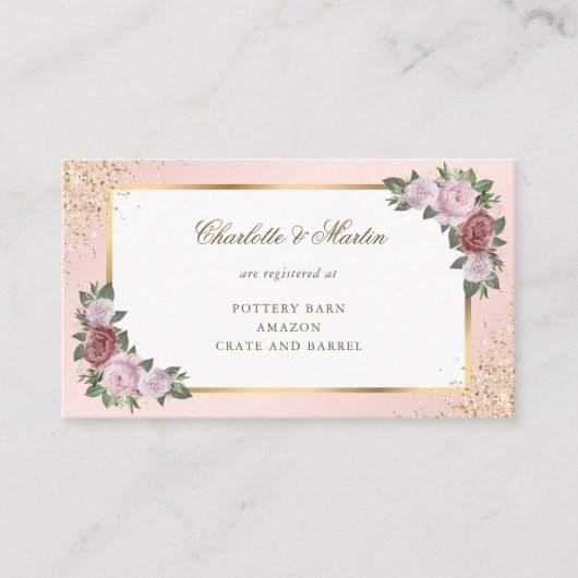 Blush Pink Gold Confetti Floral Wedding Registry Begleitkarte (Vorderseite)