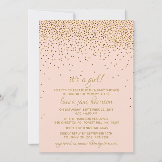 Blush Pink & Gold Confetti Girl's Baby Shower Einladung (Vorderseite)