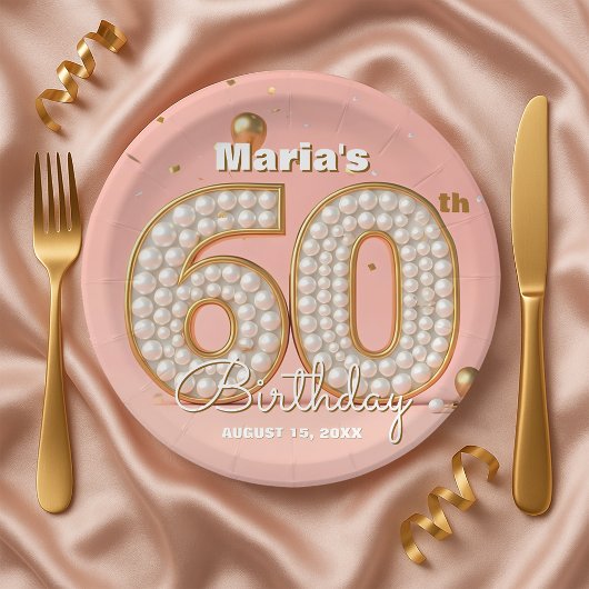 Blush Pink Gold Confetti Pearl 60th Birthday Pappteller