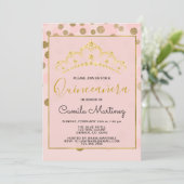 Blush Pink & Gold Confetti Quinceanera mit Tiara Einladung (Stehend Vorderseite)