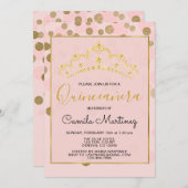 Blush Pink & Gold Confetti Quinceanera mit Tiara Einladung (Vorne/Hinten)
