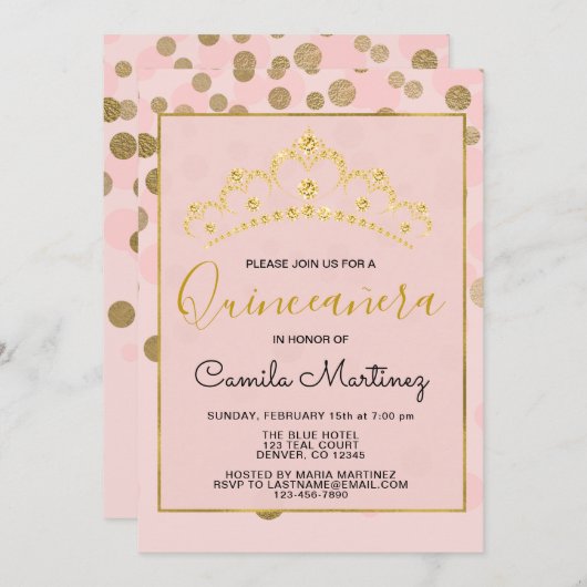 Blush Pink & Gold Confetti Quinceanera mit Tiara Einladung (Vorne/Hinten)