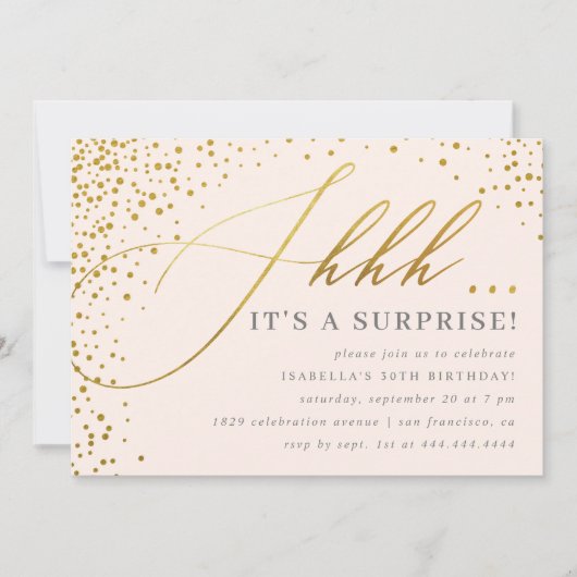 Blush Pink & Gold Confetti Script Überraschung Par Einladung (Vorderseite)