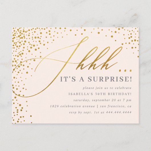 Blush Pink & Gold Confetti Script Überraschung Par Einladungspostkarte (Vorderseite)