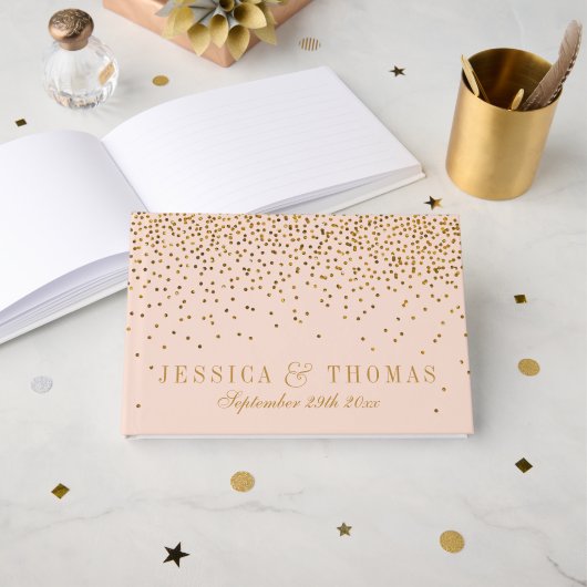 Blush Pink & Gold Confetti Wedding Gästebuch (Vorderseite Offen)