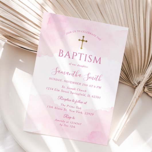 Blush Pink Gold Cross Girl Christening Taufe Einladung